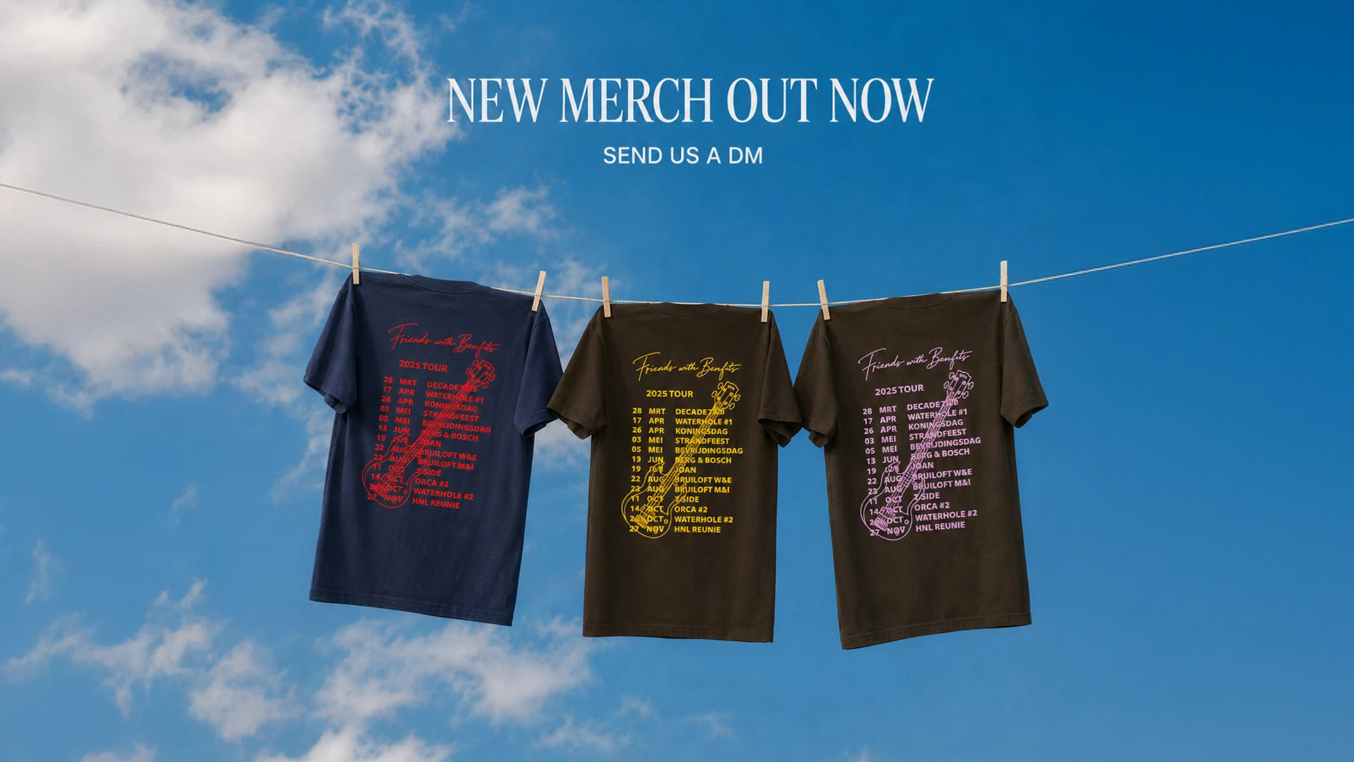 Drie FWB-shirts met rode, gele en roze opdruk aan een waslijn tegen een blauwe lucht